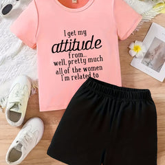 2pcs Girls Attitude Letter T Shirt & Shorts Set Kids Summer Clothes