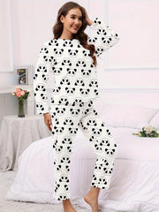 Panda Print Pajama Set Long Sleeve Top & Elastic Waistband Pants
