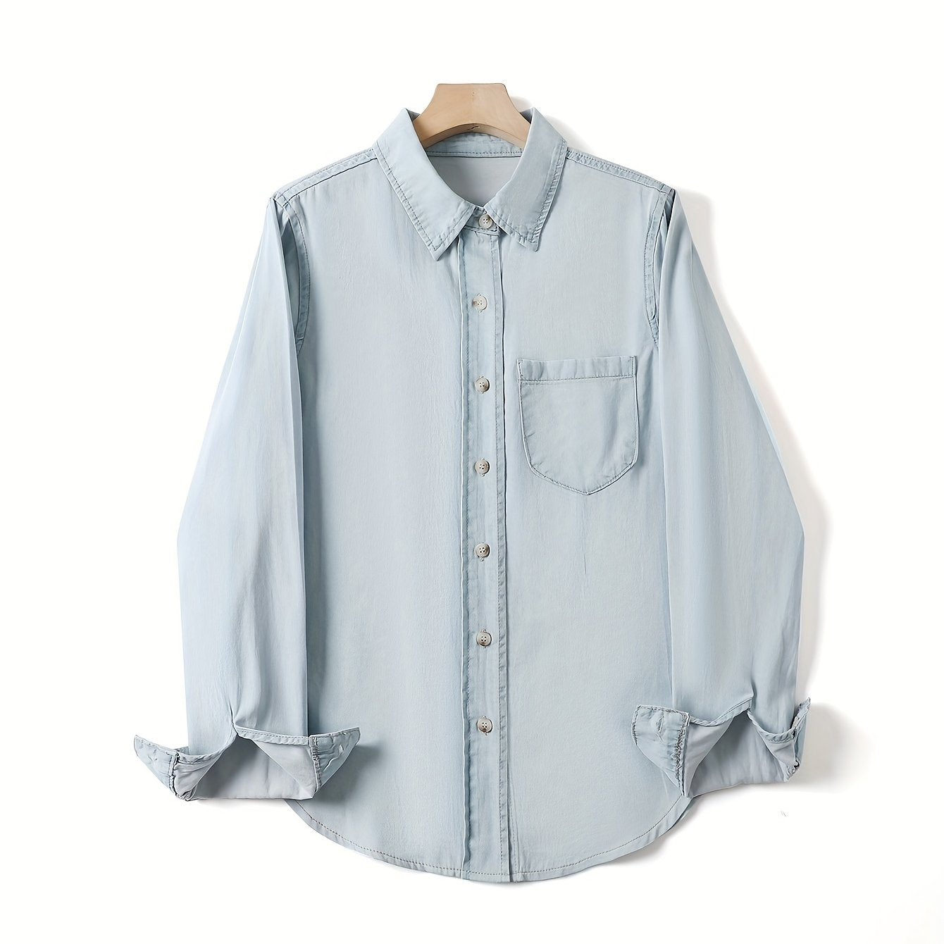 Casual Loose Fit Collared Denim Shirt Single Pocket Long Sleeved Denim Shirt