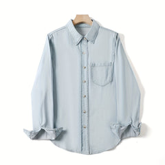 Casual Loose Fit Collared Denim Shirt Single Pocket Long Sleeved Denim Shirt