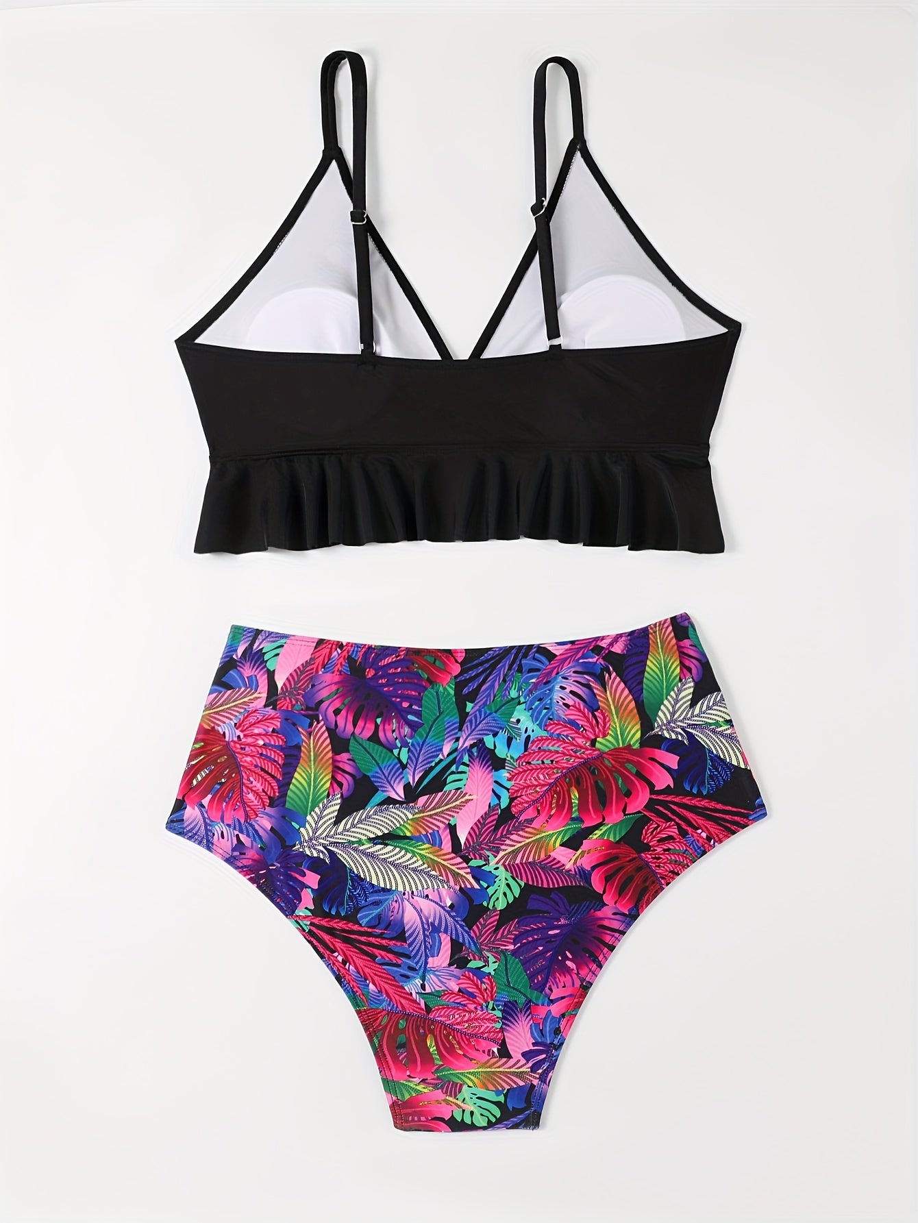 Sexy Bikini Set: Solid V Neck Ruffle Bra & Tropical Print Ruched Panty