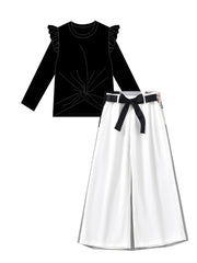 Girls Cotton Ribbed Short Sleeve Top Wide Leg Pants Summer