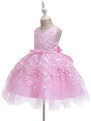 Girl's Sleeveless Beaded Embroidery Puffy Dress