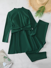 Solid Mock Neck Peplum Top & Leggings Surfing Sunsuit 2 Piece Set