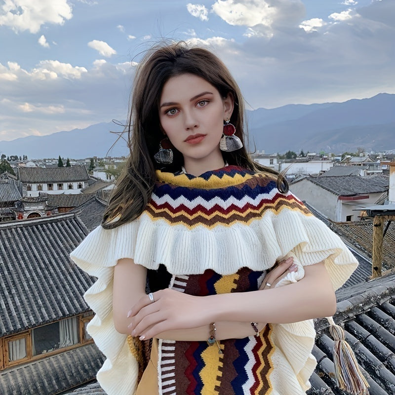 Boho Ruffles Knitted Shawl Geometric Tassel Cape