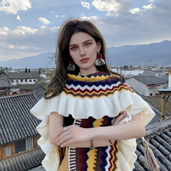Boho Ruffles Knitted Shawl Geometric Tassel Cape