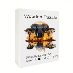 Elephant Forest Wooden Jigsaw Puzzle Vibrant Sunset Unique Animal Shapes