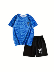 Boys Sports Suit Short Sleeves Tops & Bottoms for Basketball and Soccer Training