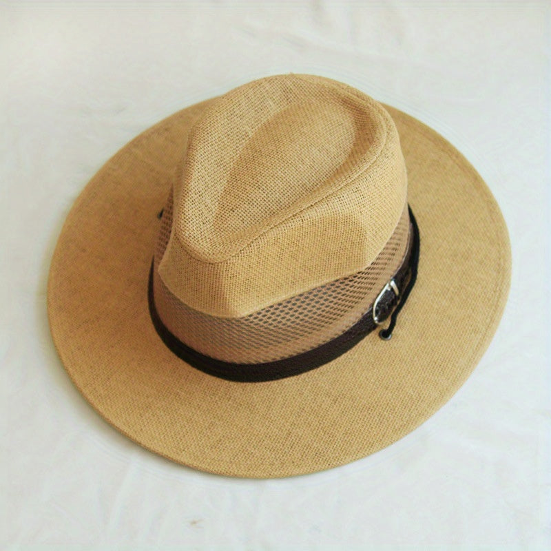 Mesh Hollow Fedora Sun Hat Wide Brim Cowboy Straw Jazz Hat