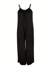 Boho Solid Loose Cami Jumpsuit Casual Crew Neck Wide Leg Mini Strap Jumpsuit