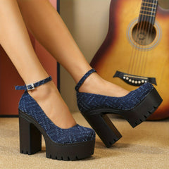 Denim Block Heels Buckle Strap Platform Pumps