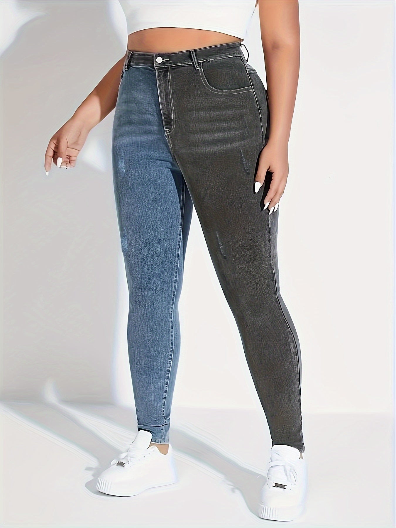 Women's Plus Colorblock Ripped High Rise Stretch Jeans