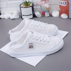 Women's Letter Patched Mules Sneakers Lace Up Raw Trim Canvas Shoes