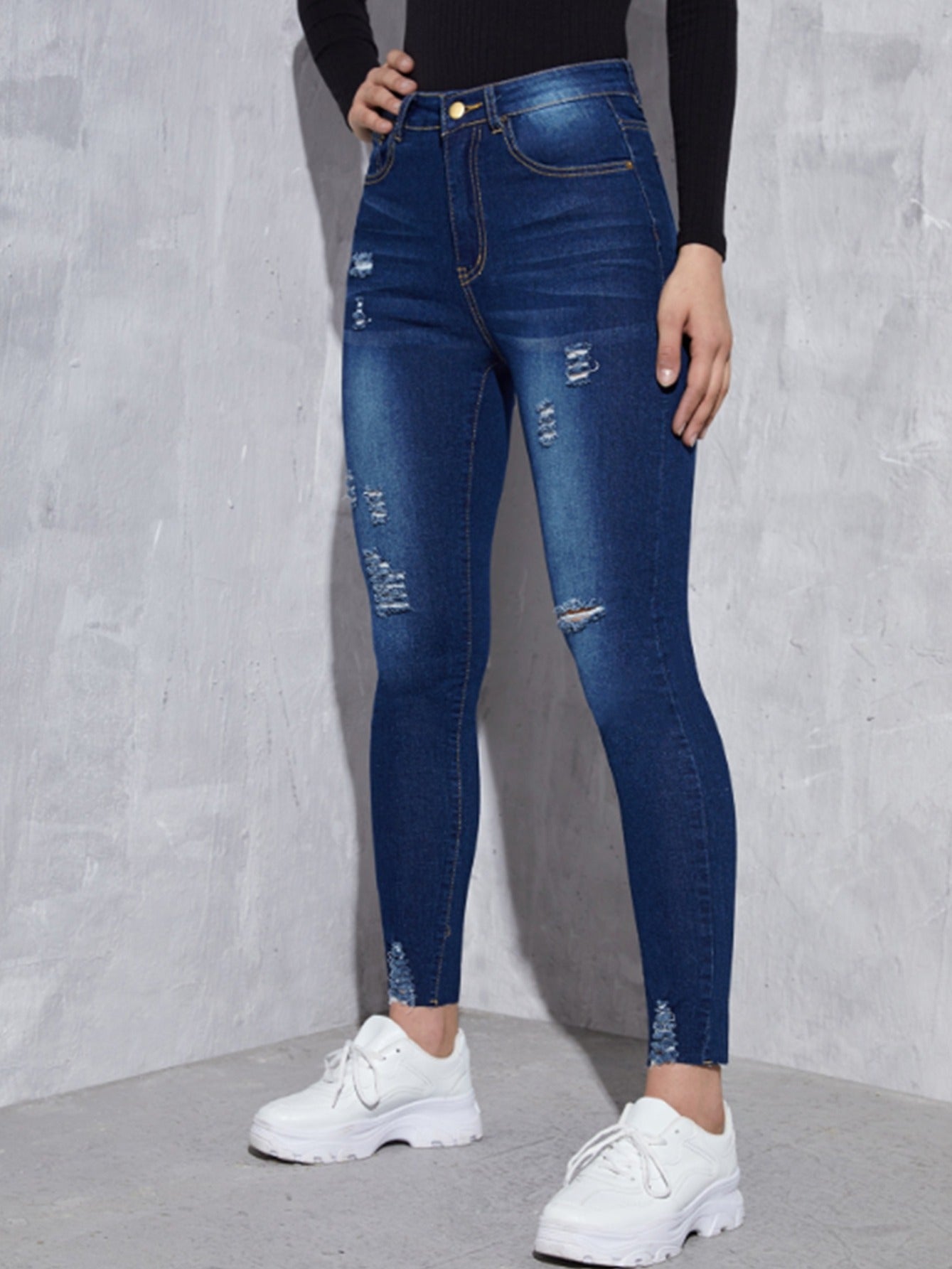 Navy Distressed Denim Pants High Rise Skinny Jeans