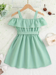 Toddler Girls Ruffle Trim Cold Shoulder Dress For Party Beach Vacation