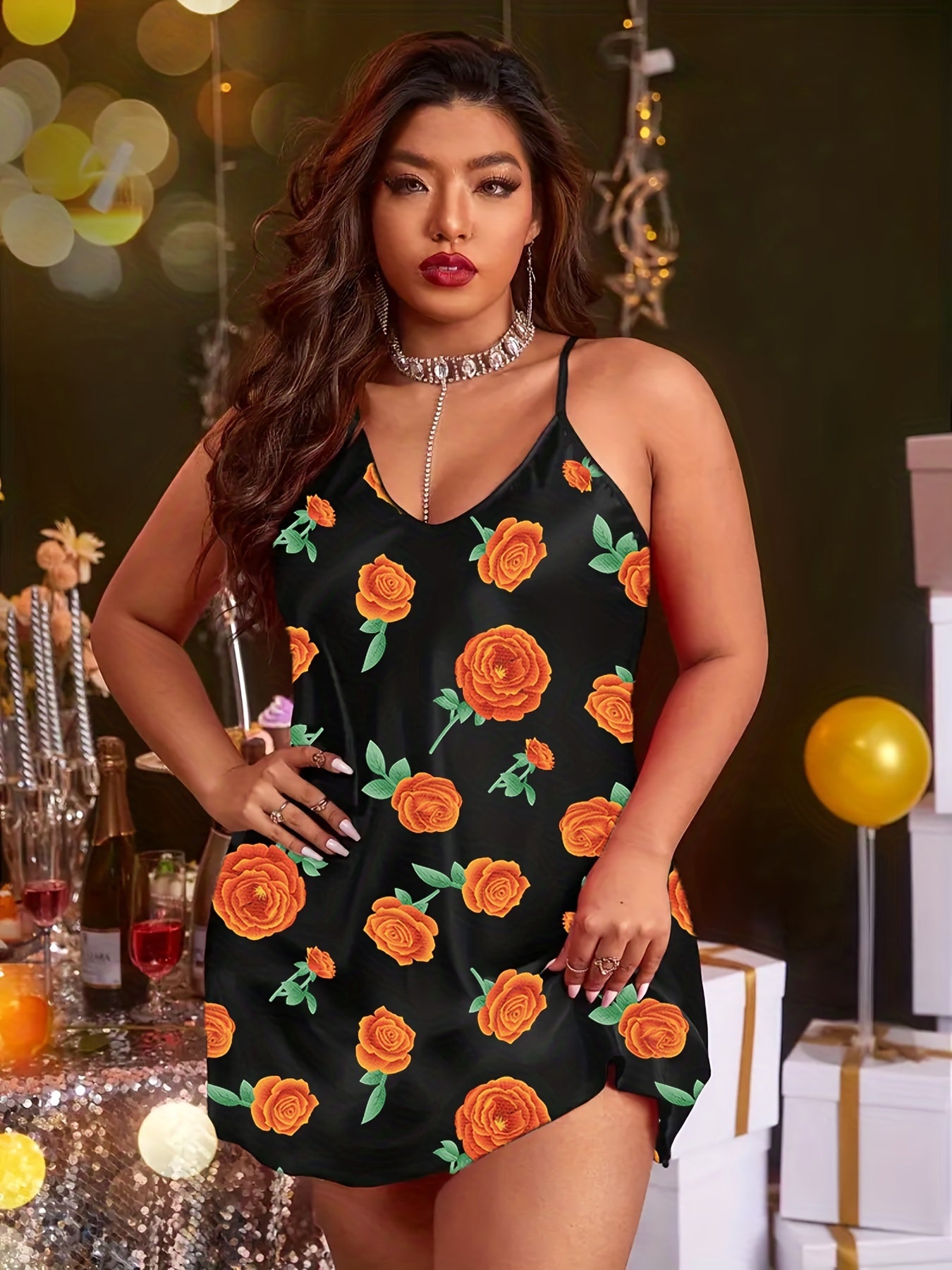 Satin Floral Print V Neck Cami Sleep Dress