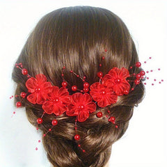 Red Floral Bridal Headpiece with Beaded Details for Weddings