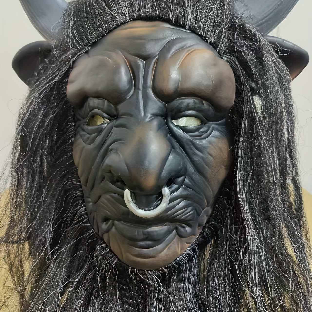 Goat Skull Mask with Long Hair and Horns Adult Halloween Costume Accessory