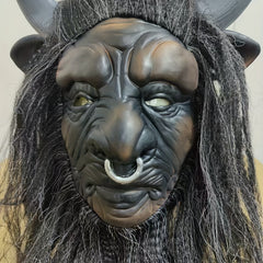 Goat Skull Mask with Long Hair and Horns Adult Halloween Costume Accessory