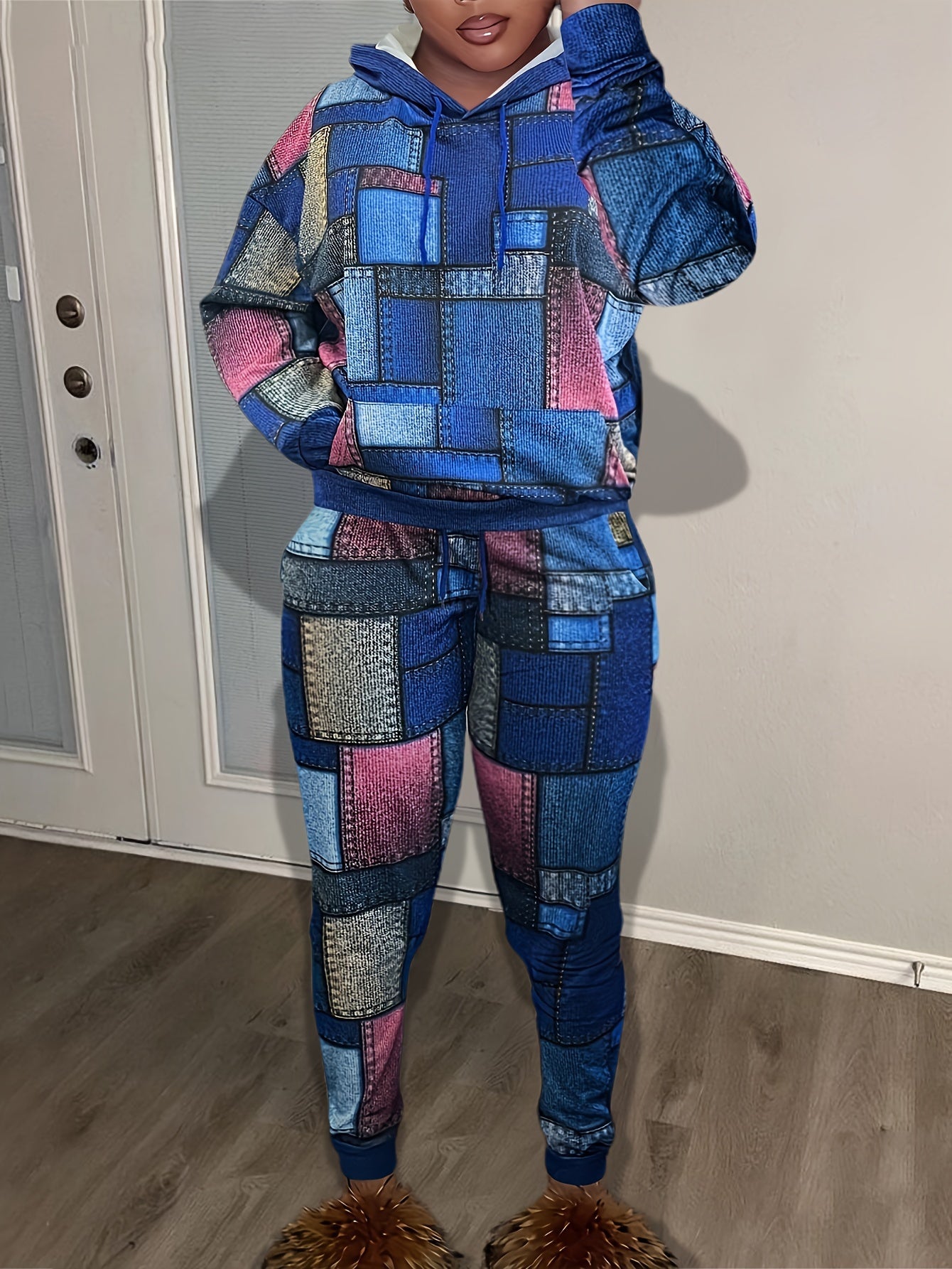 Women's Plus Patchwork Hoodie & Pants Set Two Piece Outfit