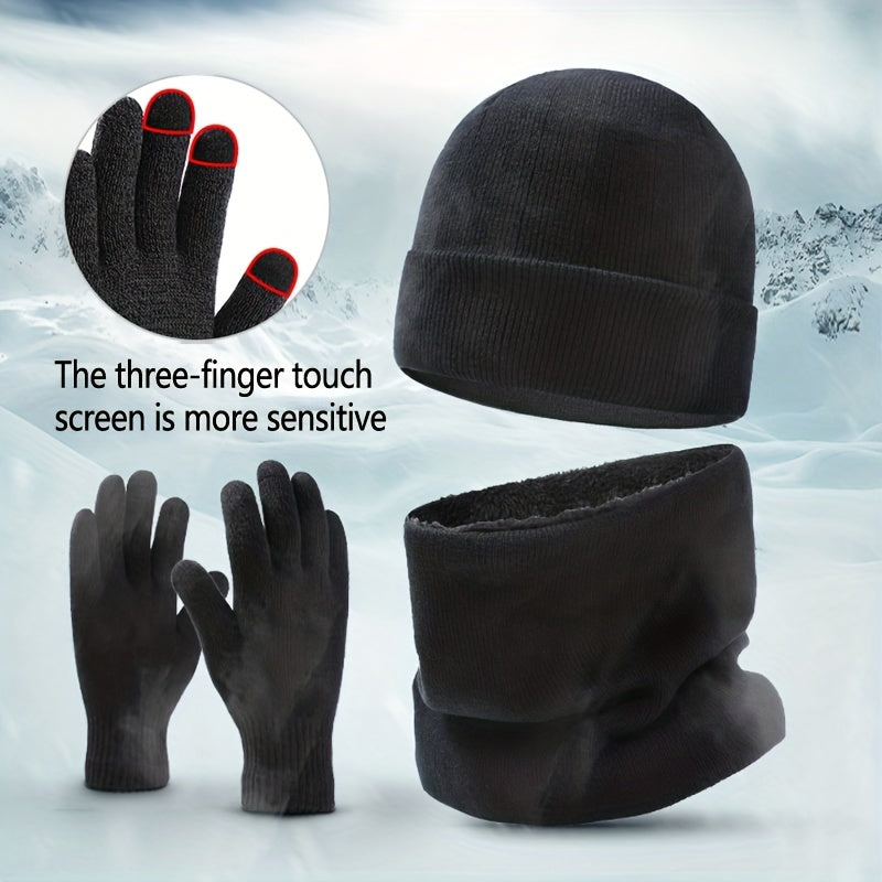Winter Hat Gloves Scarf Set Plush Fleece Wool Cap