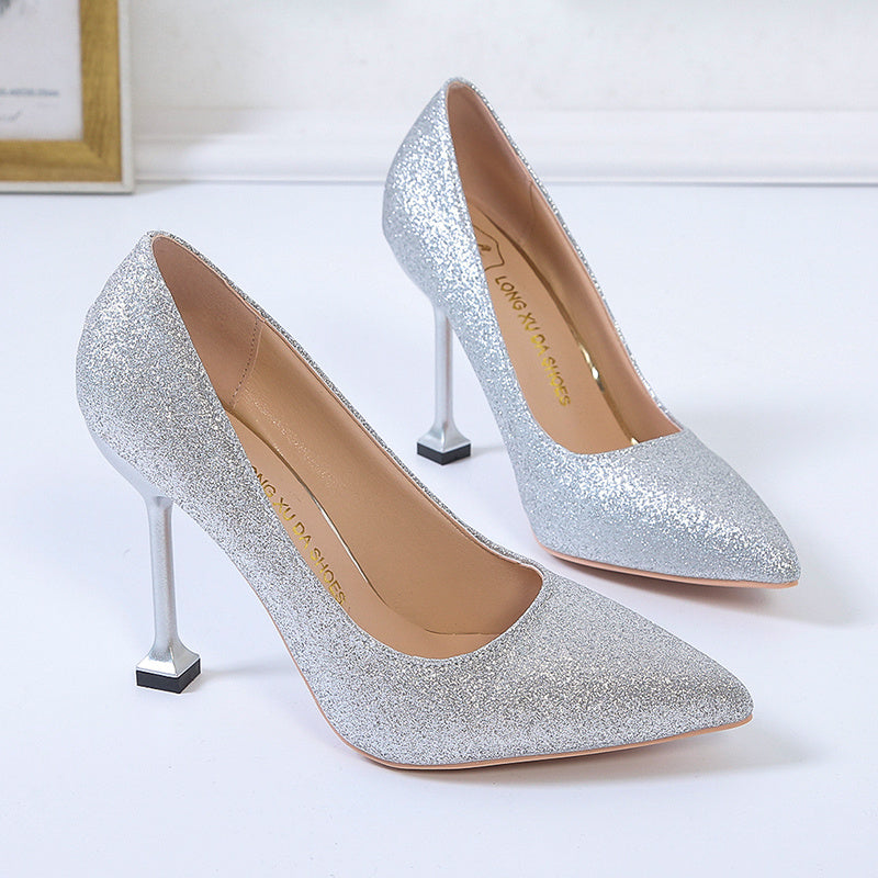Glitter Stiletto Heels Pointed Toe Slip On Wedding Dress High Heels
