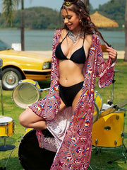 Wavy Ripple Print Long Sleeve Kimono Cover Up