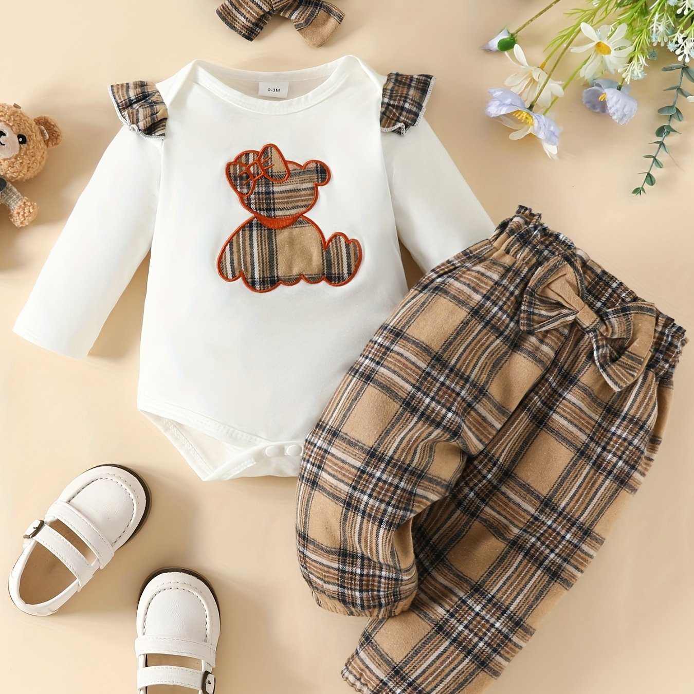 Baby Bear Graphic Long-sleeved Shirt & Plaid Pants Set