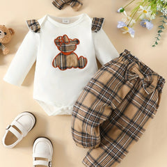 Baby Bear Graphic Long-sleeved Shirt & Plaid Pants Set