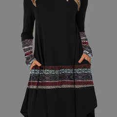 Striped Long Sleeve Round Neck Dress With Pockets