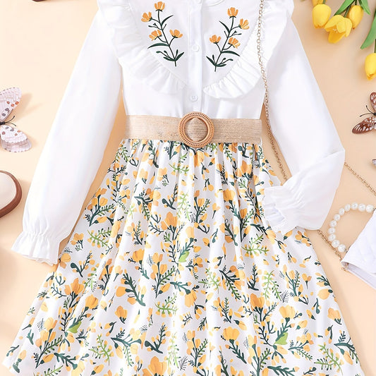 Girls Orange Flowers Embroidery Shirt Dress With Belt