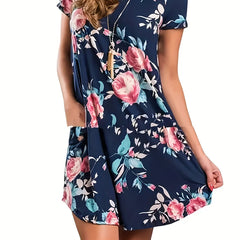 Floral Print Short Sleeve Round Neck Plus Size Mini Dress With Pockets