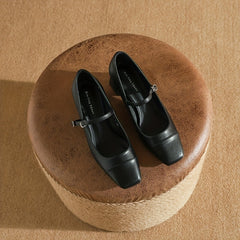 Chunky Heel Square Toe Pumps Faux Leather Buckle Strap