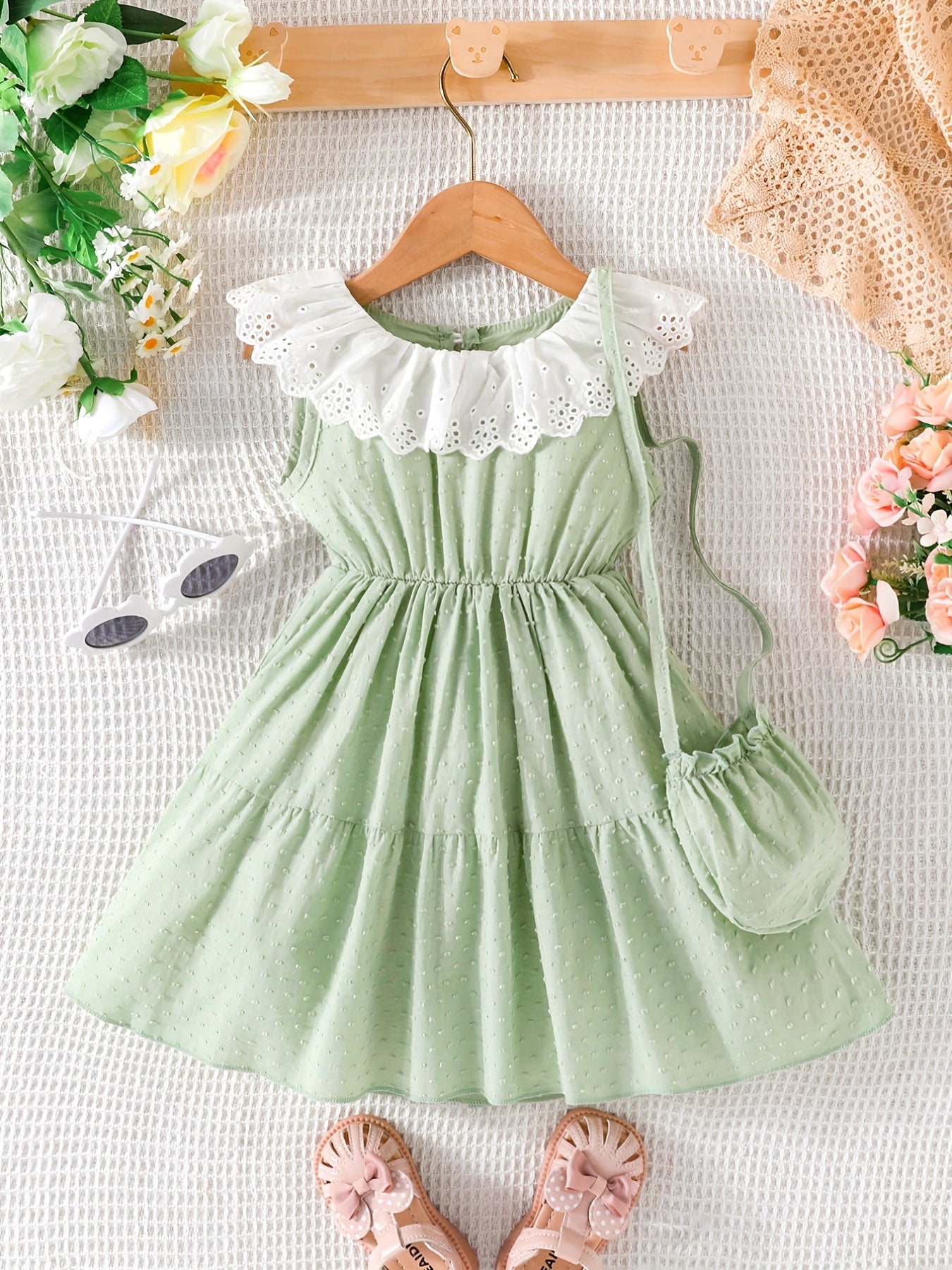 2pcs Baby Girls Eyelet Dress & Bag Set for Summer