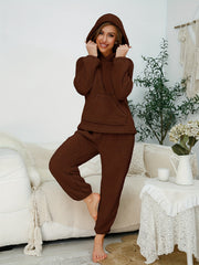 Women's Solid Flannel Pajama Set Hooded Top & Pants
