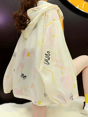 Abstract Print Loose Hooded Jacket Zip Up Sleeve Outerwear