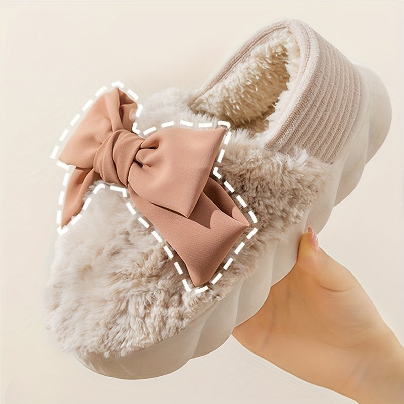Bowknot Plush Cloud Slippers Cozy Slip On Platform Fuzzy Shoes