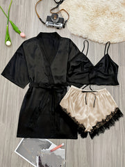 3 Piece Satin Pajama Set with Lace Trim Shorts