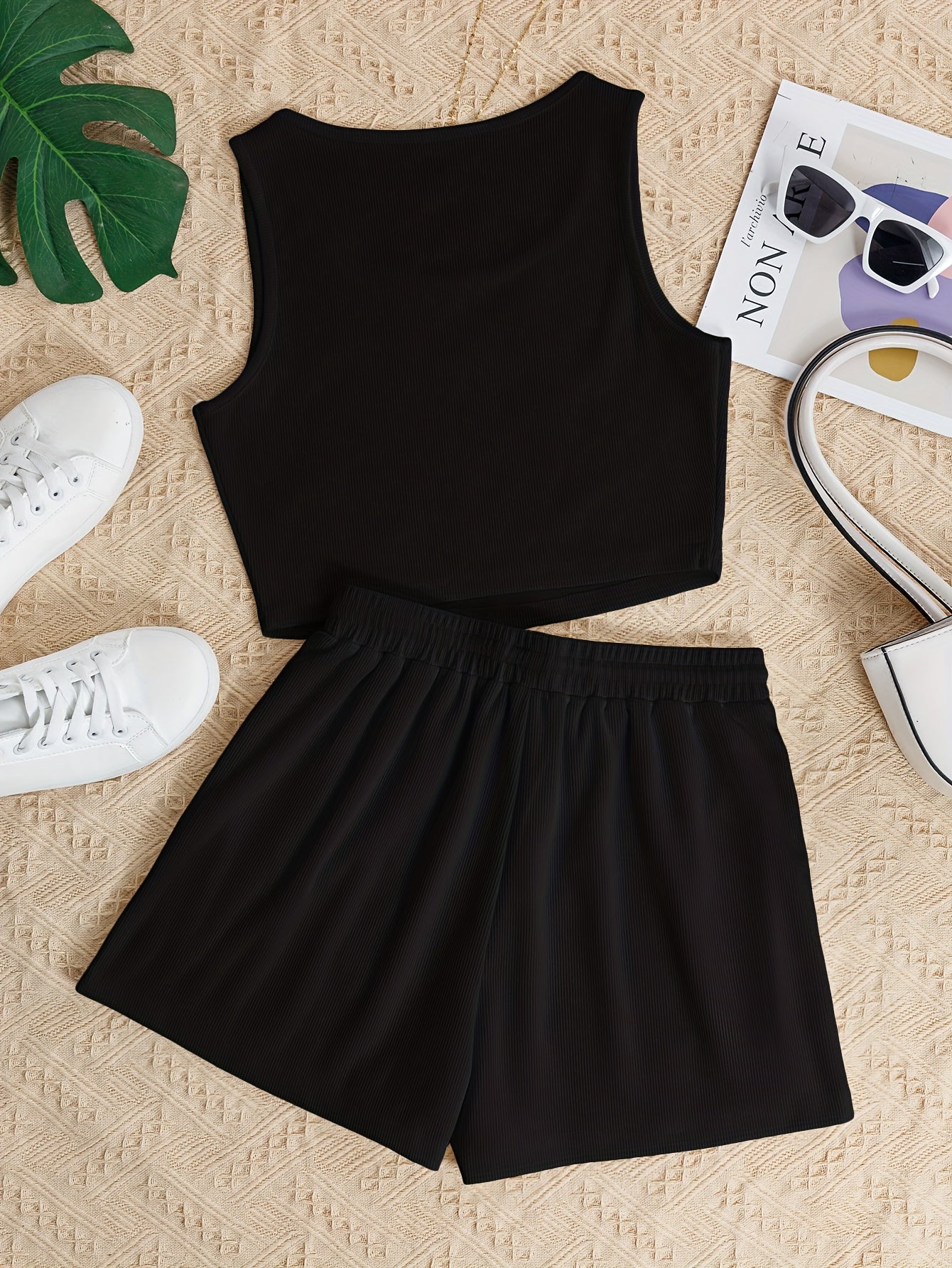 Solid Casual Two piece Set Sleeveless Crop Tank Top & Drawstring Waist Shorts