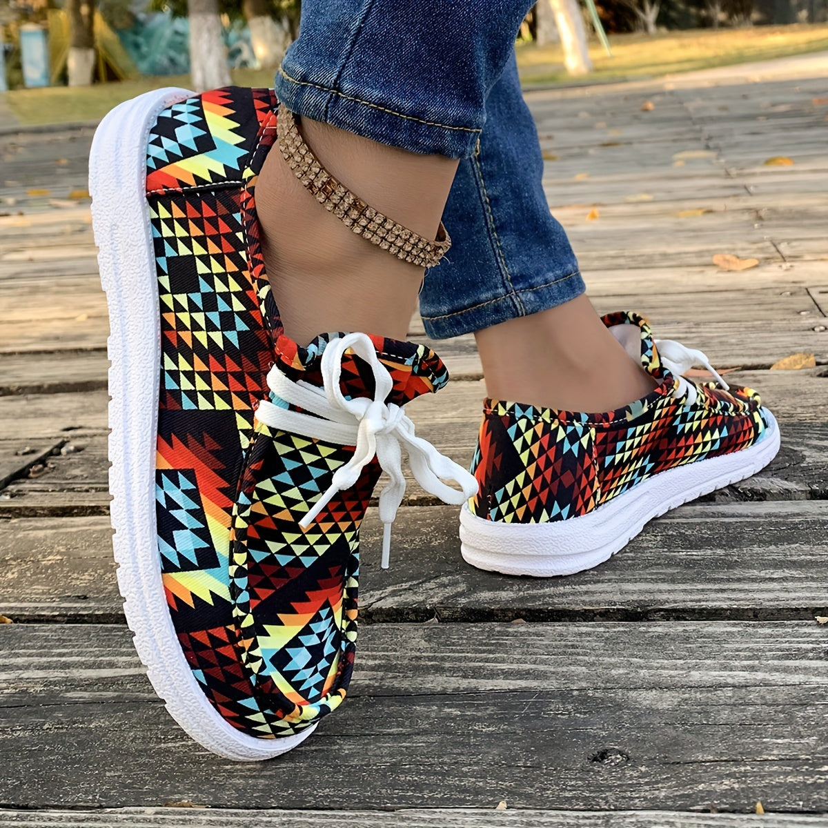 Geometric Pattern Flat Lace Up Loafers Shoes Colorful Non Slip Canvas Sneakers