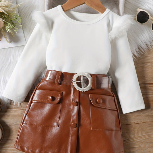 Girl's 2pcs Top & Belted PU Skirt Set Faux Fur Decor Outfit Kids Clothes