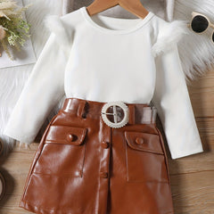 Girl's 2pcs Top & Belted PU Skirt Set Faux Fur Decor Outfit Kids Clothes