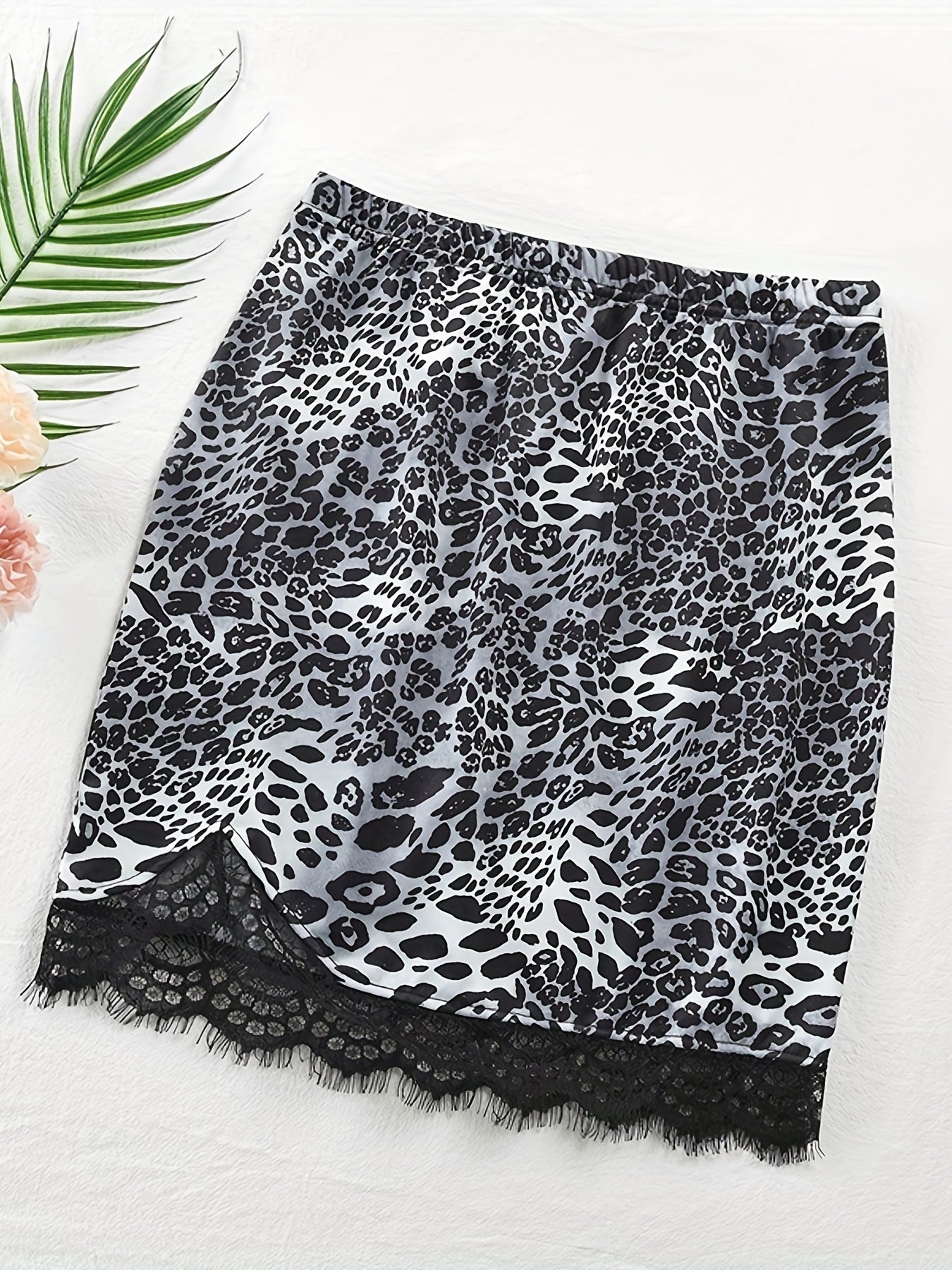 Leopard Print Lace Trim Skirt Elastic Waist Spring Summer Clothing