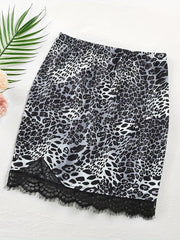 Leopard Print Lace Trim Skirt Elastic Waist Spring Summer Clothing