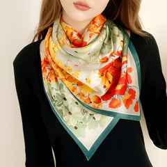Floral Double Sided Silk Scarf 70x70cm Vibrant Orange Red Green Flowers