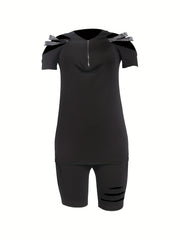 Rhinestone Zipper Neck T Shirt & Ripped Shorts Set