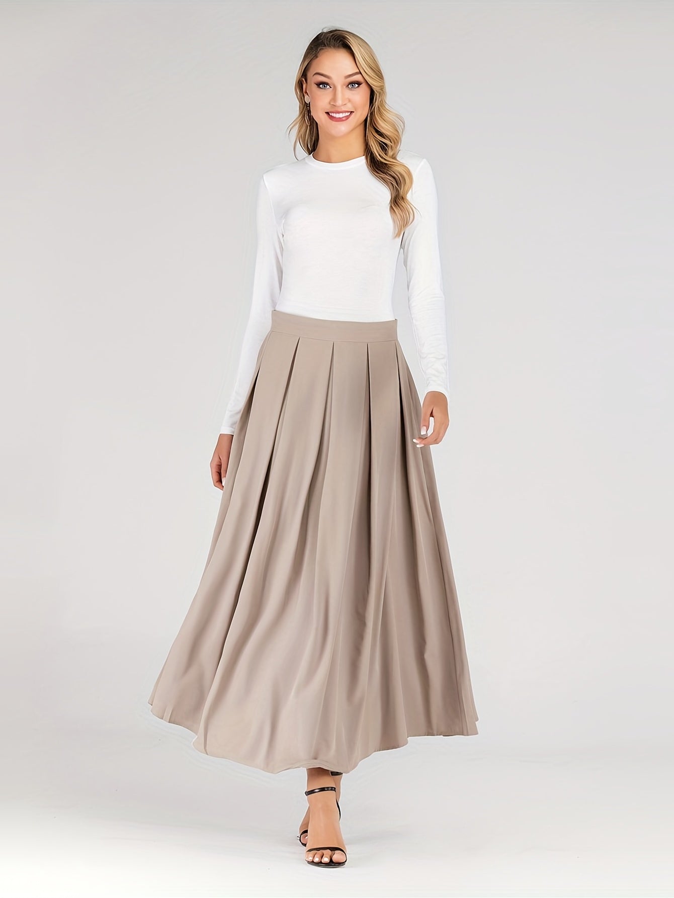 High Waist Pleated Maxi Skirt Casual Solid Women's Clothing