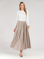 High Waist Pleated Maxi Skirt Casual Solid Women's Clothing