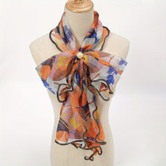 Vintage Print Scarf Bow Neck Wrap Faux Pearl Pendant