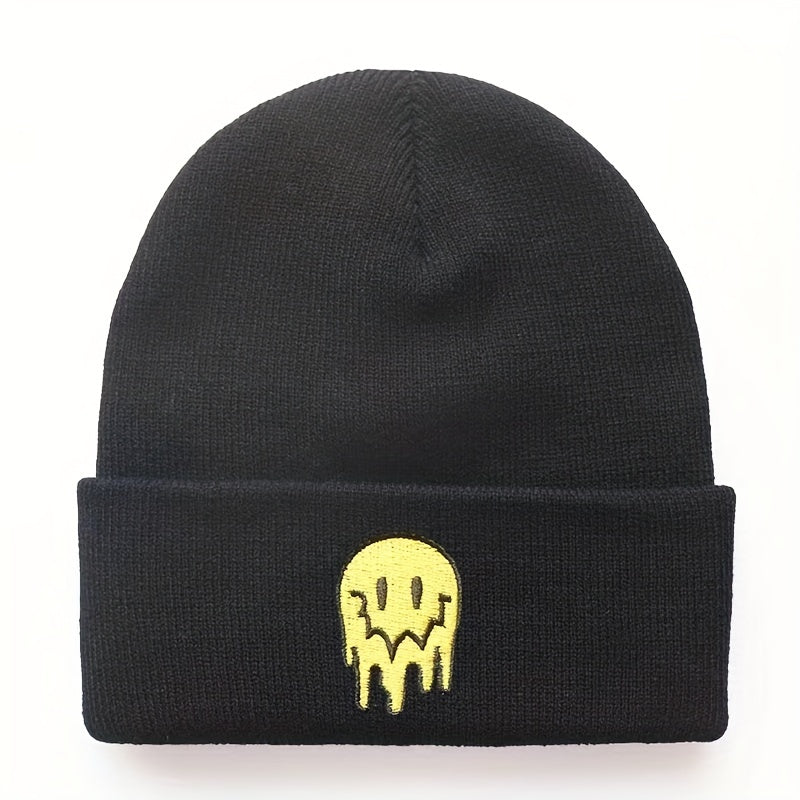 Ear Protection Knit Beanie Hat With Melting Smiley Face Embroidery